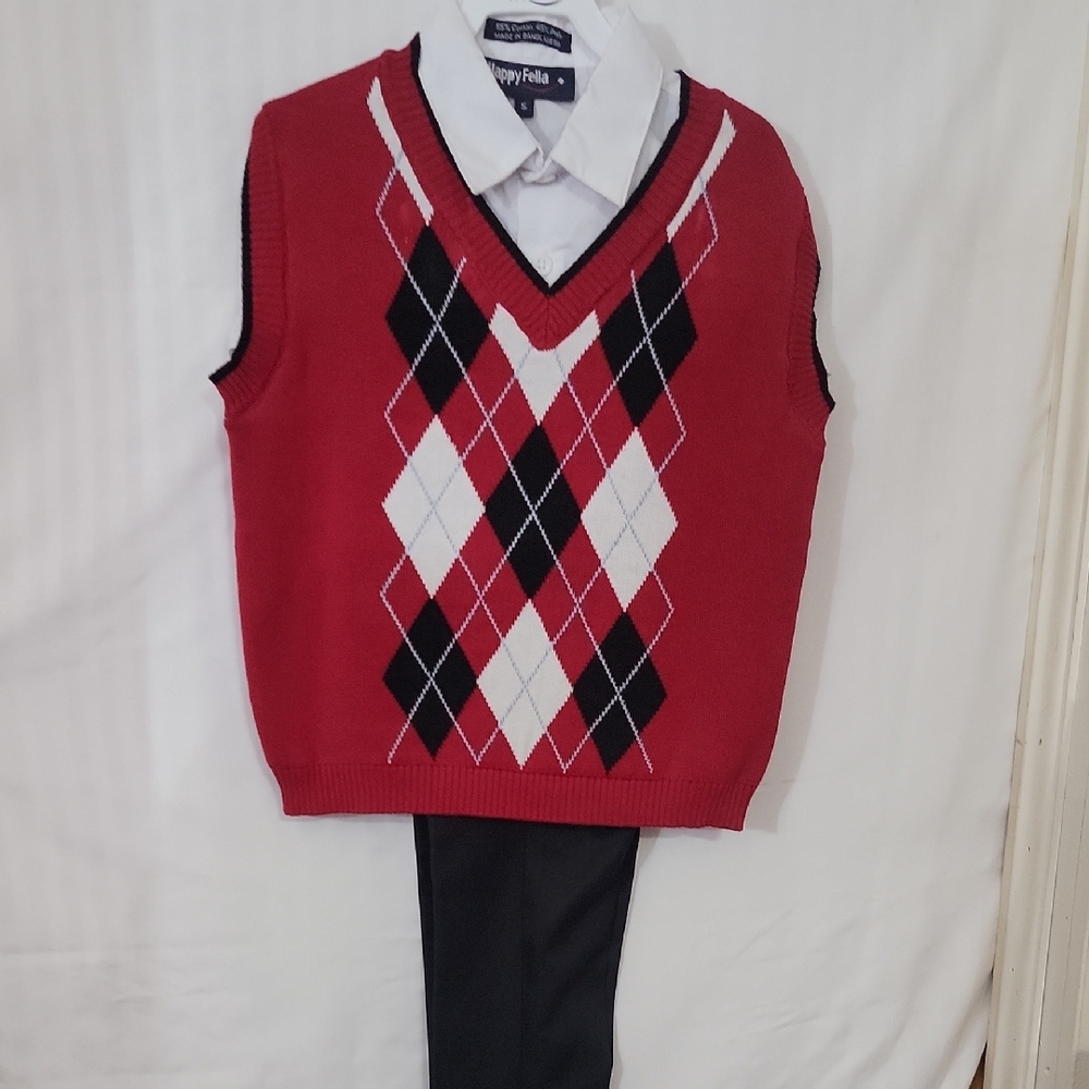 Happy Fella Red Argyle Sweater Vest with White Shirt and Black Pants Size 5